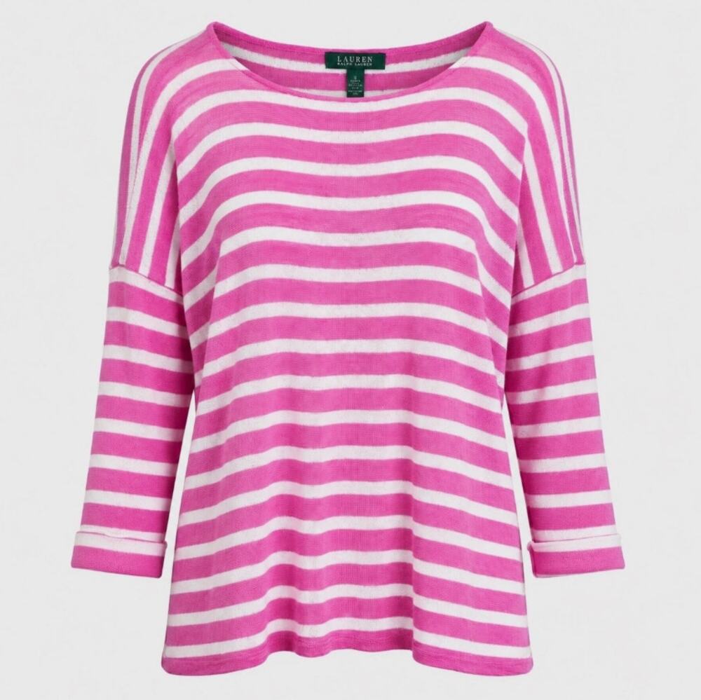 Lauren Ralph Lauren Pink White Striped Sheer Linen Boatneck Top Size L